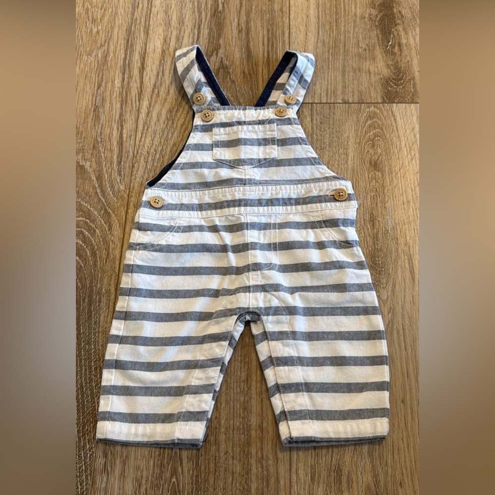 Cherokee brand newborn size baby overalls blue white, nautical striped, buttons
